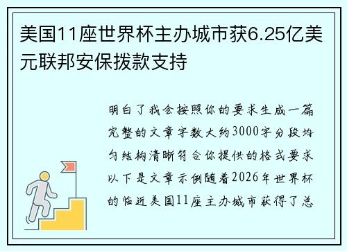 美国11座世界杯主办城市获6.25亿美元联邦安保拨款支持