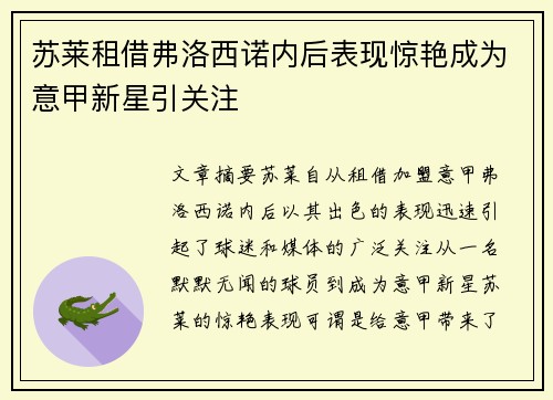 苏莱租借弗洛西诺内后表现惊艳成为意甲新星引关注